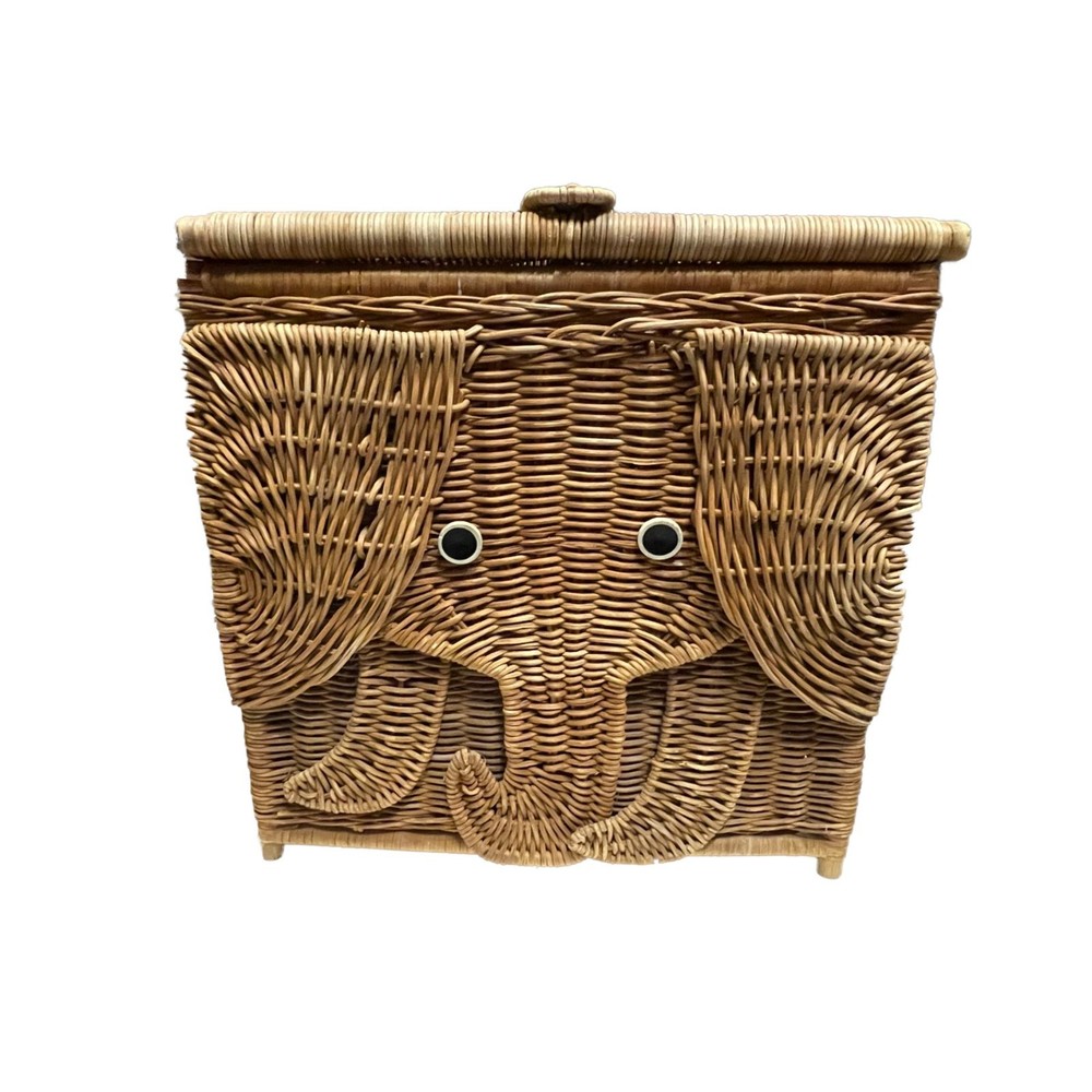 Vtg Rare Elephant Trunk Toy Box Wicker Chest Rattan Storage Basket w/ Hinged Lid